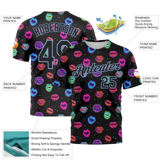 Custom Graffiti Pattern Black-Light Blue 3D Dots And Kiss Lips Performance T-Shirt