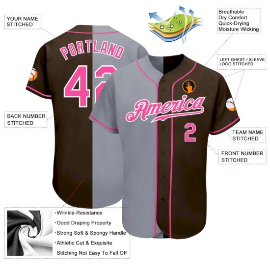 Custom Brown Pink-Gray Authentic Split Fashion Baseball Jersey Custom Brown Pink-Gray Authentic Split Fashion Baseball Jersey