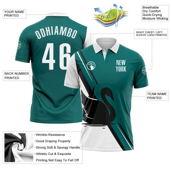 Custom Teal White-Black 3D Pattern Design Animal Swan Performance Polo Shirt