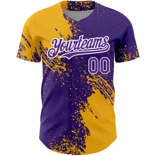Custom Purple Gold-White 3D Pattern Design Abstract Brush Stroke Authentic Baseball Jersey Custom Purple Gold-White 3D Pattern Design Abstract Brush Stroke Authentic Baseball Jersey