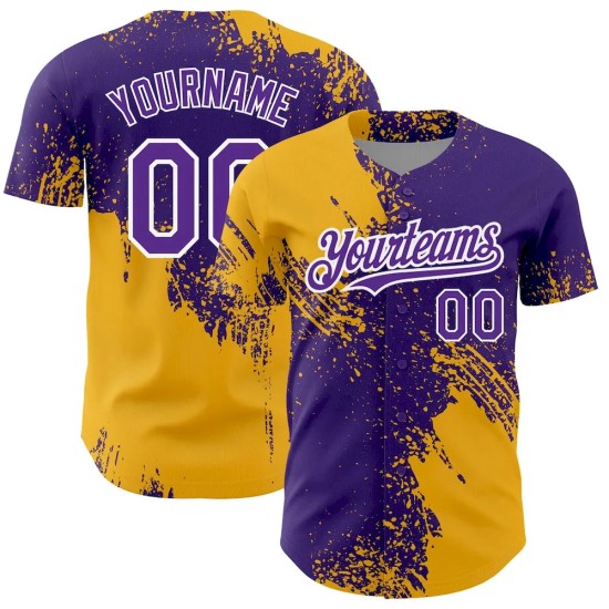 Custom Purple Gold-White 3D Pattern Design Abstract Brush Stroke Authentic Baseball Jersey Custom Purple Gold-White 3D Pattern Design Abstract Brush Stroke Authentic Baseball Jersey