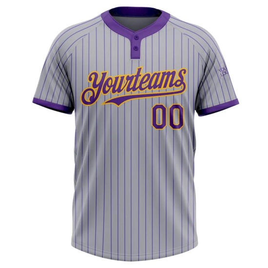 Custom Gray Purple Pinstripe Gold Two-Button Unisex Softball Jersey Custom Gray Purple Pinstripe Gold Two-Button Unisex Softball Jersey