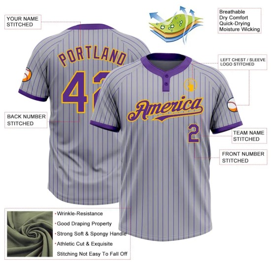Custom Gray Purple Pinstripe Gold Two-Button Unisex Softball Jersey Custom Gray Purple Pinstripe Gold Two-Button Unisex Softball Jersey