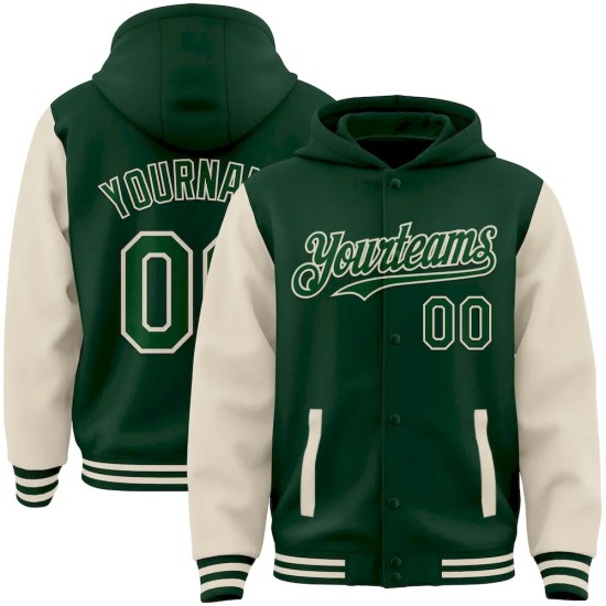 Custom Green Cream Bomber Full-Snap Varsity Letterman Two Tone Hoodie Jacket Custom Green Cream Bomber Full-Snap Varsity Letterman Two Tone Hoodie Jacket