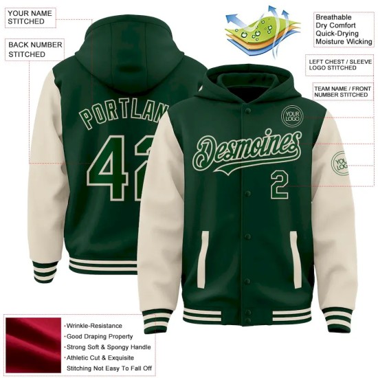 Custom Green Cream Bomber Full-Snap Varsity Letterman Two Tone Hoodie Jacket Custom Green Cream Bomber Full-Snap Varsity Letterman Two Tone Hoodie Jacket
