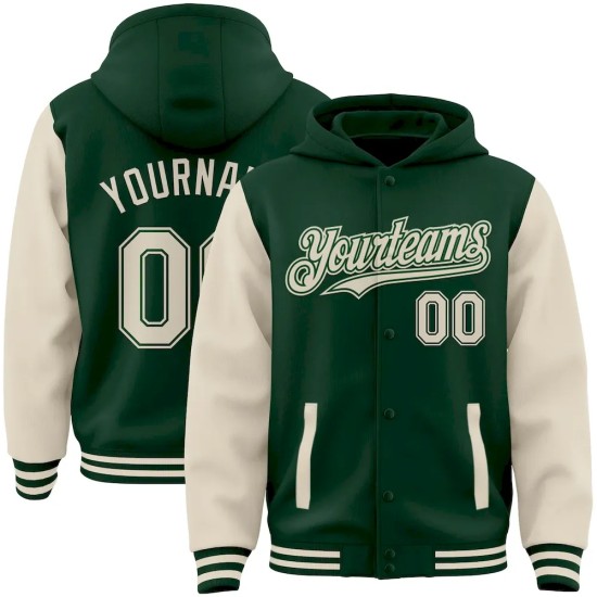 Custom Green Cream Bomber Full-Snap Varsity Letterman Two Tone Hoodie Jacket