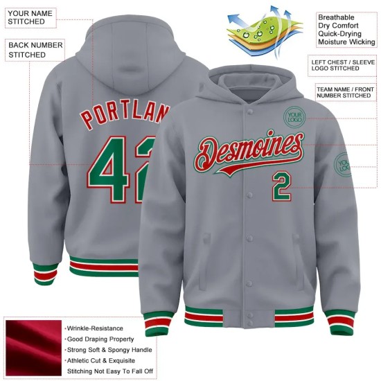 Custom Gray Kelly Green-Red Bomber Full-Snap Varsity Letterman Hoodie Jacket Custom Gray Kelly Green-Red Bomber Full-Snap Varsity Letterman Hoodie Jacket