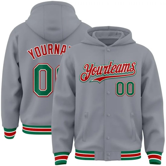 Custom Gray Kelly Green-Red Bomber Full-Snap Varsity Letterman Hoodie Jacket Custom Gray Kelly Green-Red Bomber Full-Snap Varsity Letterman Hoodie Jacket
