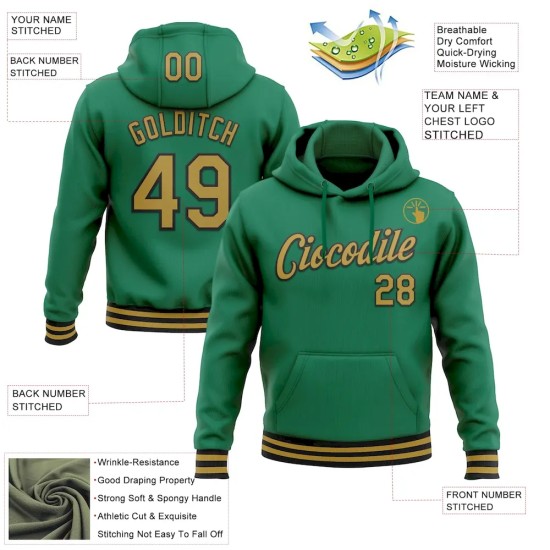 Custom Stitched Kelly Green Old Gold-Black Sports Pullover Sweatshirt Hoodie Custom Stitched Kelly Green Old Gold-Black Sports Pullover Sweatshirt Hoodie