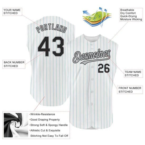 Custom White Teal Pinstripe Black-Gray Authentic Sleeveless Baseball Jersey Custom White Teal Pinstripe Black-Gray Authentic Sleeveless Baseball Jersey