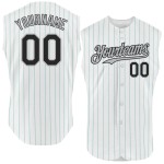 Custom White Teal Pinstripe Black-Gray Authentic Sleeveless Baseball Jersey Custom White Teal Pinstripe Black-Gray Authentic Sleeveless Baseball Jersey