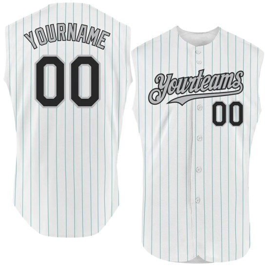 Custom White Teal Pinstripe Black-Gray Authentic Sleeveless Baseball Jersey Custom White Teal Pinstripe Black-Gray Authentic Sleeveless Baseball Jersey