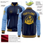 Custom Navy Gold-Light Blue Bomber Varsity Letterman Two Tone Zipper Jacket