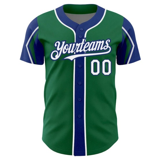 Custom Kelly Green White-Royal 3 Colors Arm Shapes Authentic Baseball Jersey